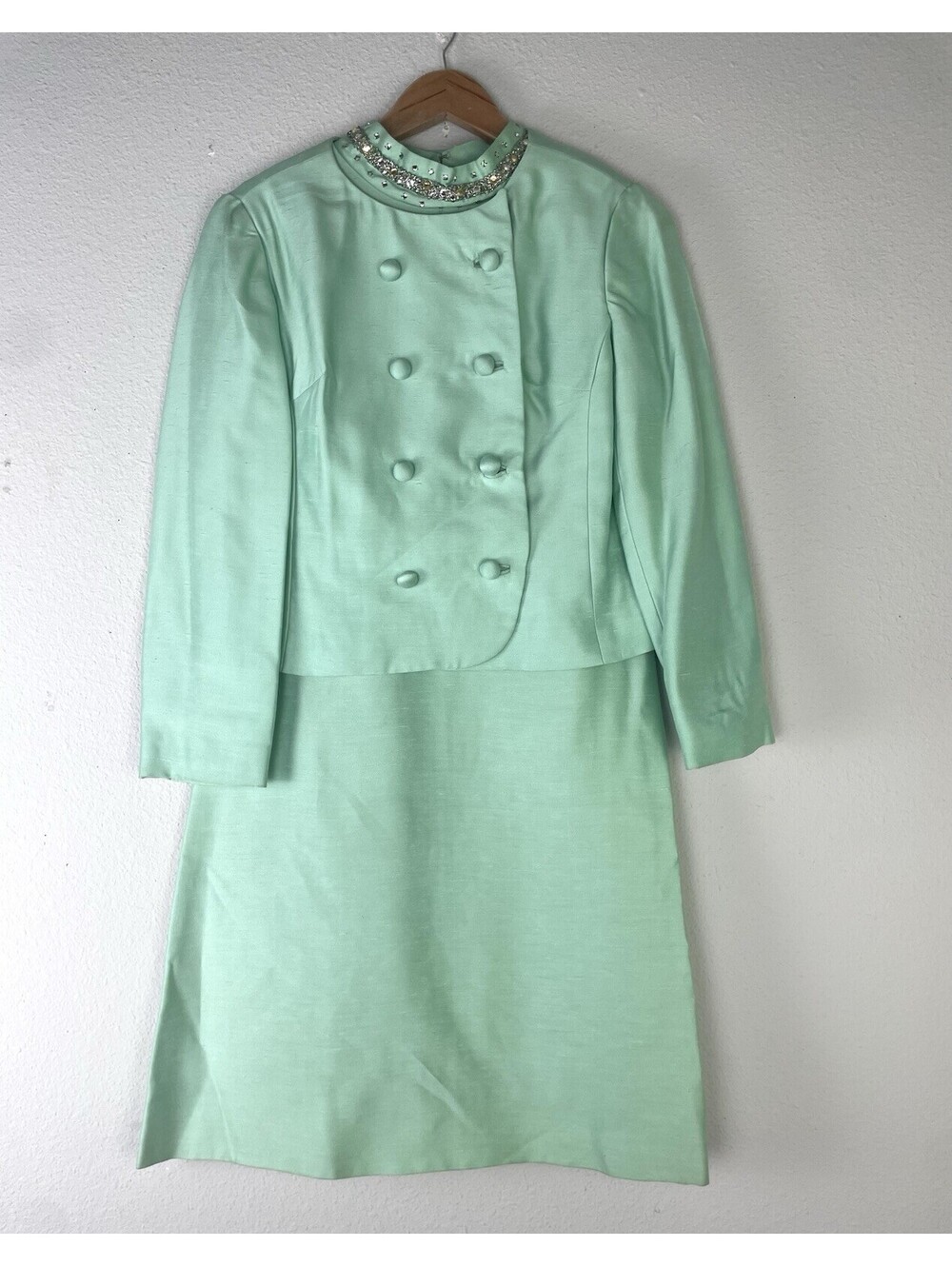 Vtg 60s Sakowitz Mint Green Dress Jacket Set Beaded Rhinestone Collar Suit Sz 12